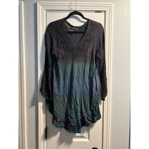 Greater Good Tunic L/XL Purple Teal Ombre Beaded Dragonfly Boho Bell Sleeve